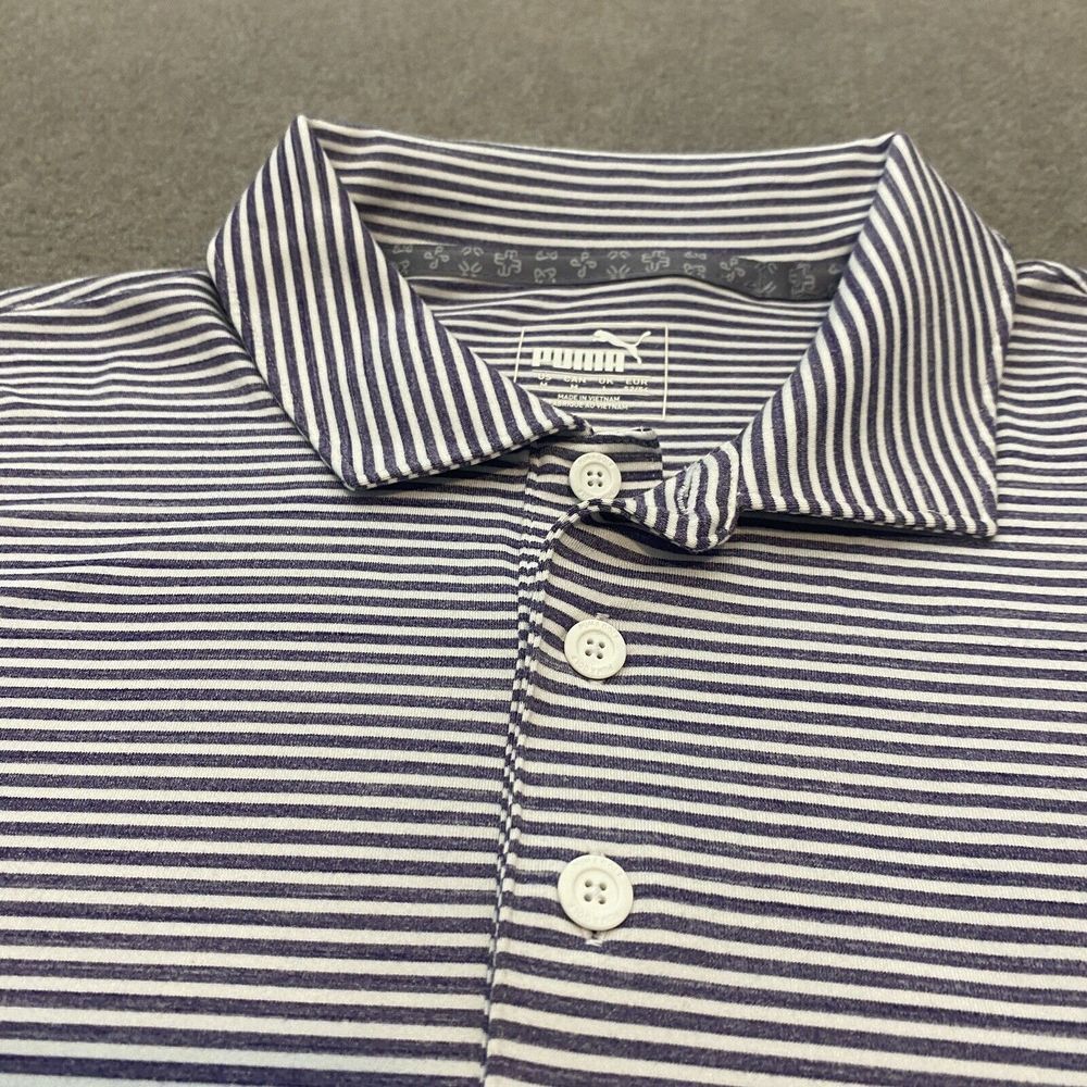 Puma Polo Shirt Mens Size Medium Purple Striped Short Sleeve Casual Golfer - Picture 2 of 13